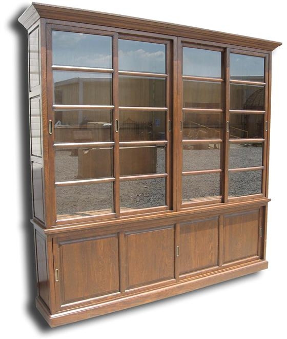 New Bookcase, Solid Oak Wood Antique Finish, Sliding Doors, Glass Doors