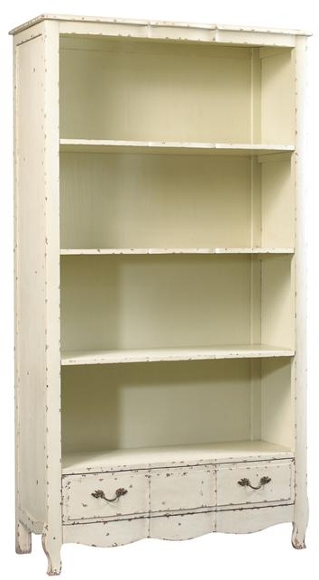 New Oak Open Bookcase, Weathered White, Drawer, French Bosquet Style 