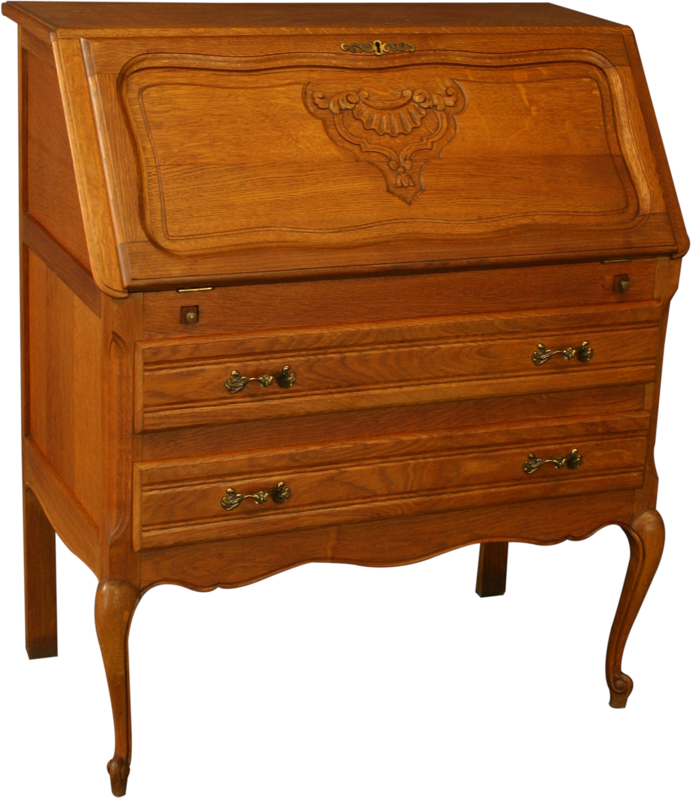 Vintage French Country Carved Oak Secretary, Golden Oak Finish-Image 1