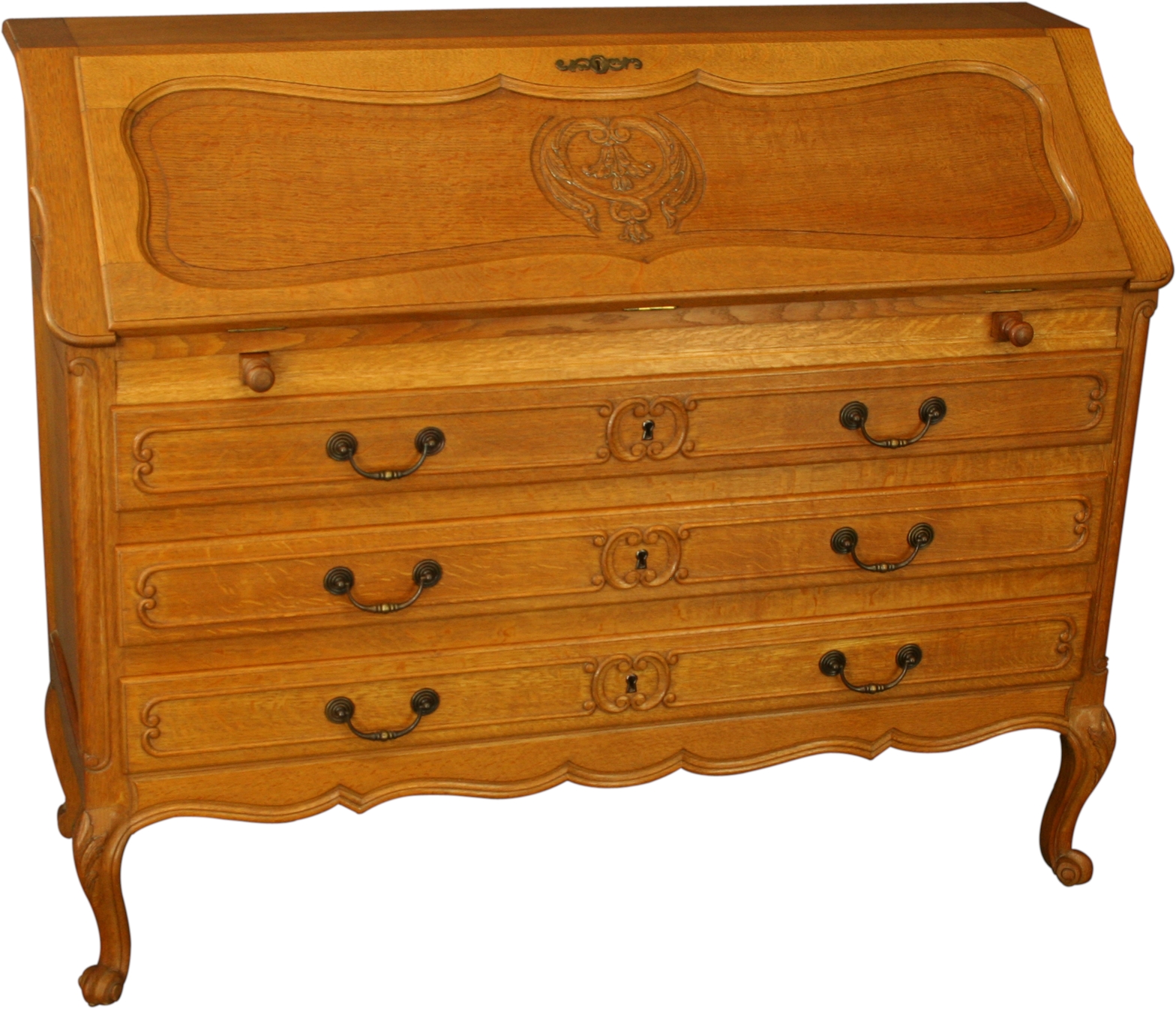 Vintage French Secretary Desk, Quartersawn Golden Oak, Carved, Louis XV Style-Image 1
