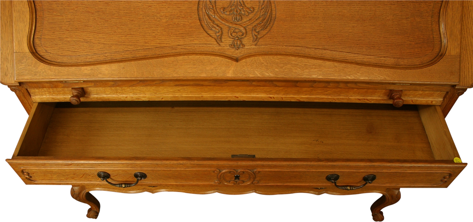 Vintage French Secretary Desk, Quartersawn Golden Oak, Carved, Louis XV Style-Image 13