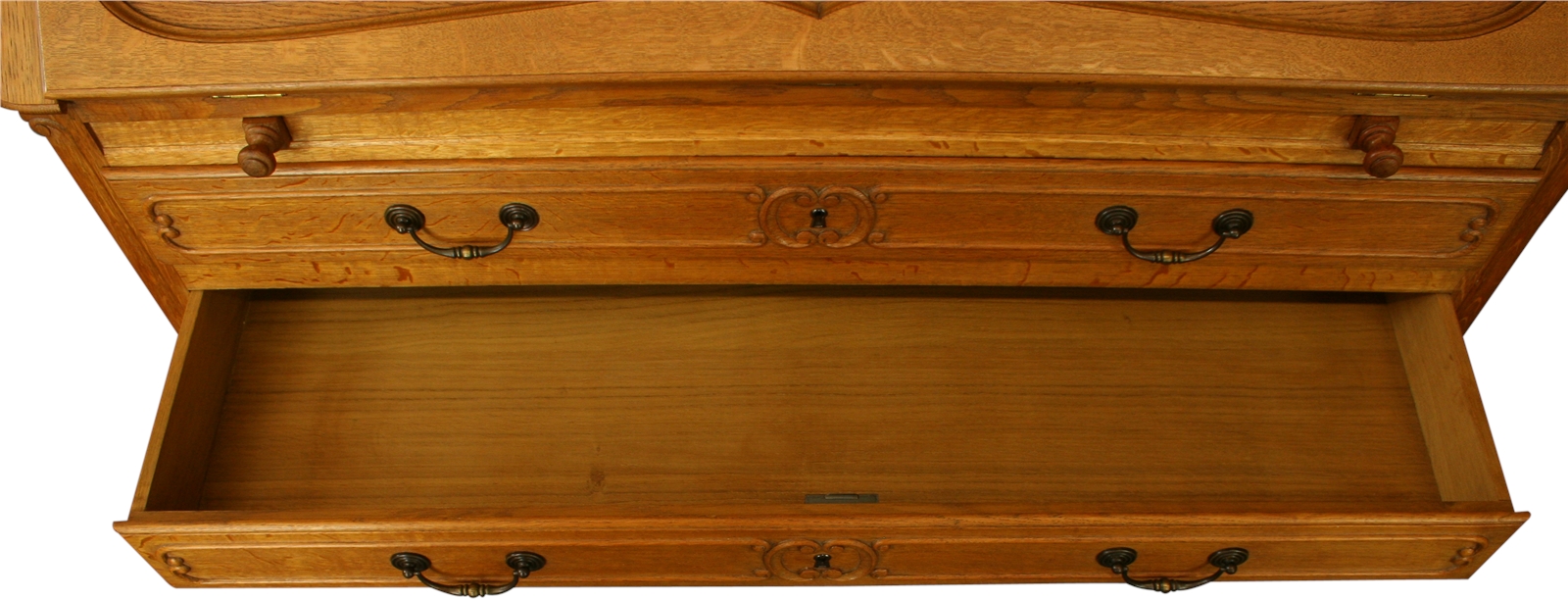 Vintage French Secretary Desk, Quartersawn Golden Oak, Carved, Louis XV Style-Image 14