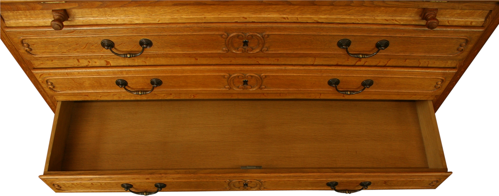 Vintage French Secretary Desk, Quartersawn Golden Oak, Carved, Louis XV Style-Image 15