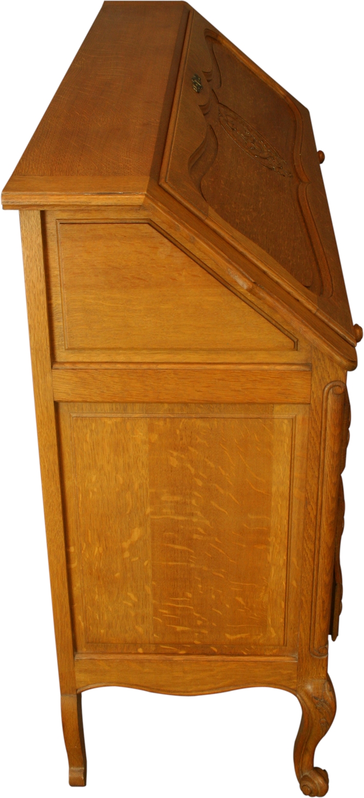 Vintage French Secretary Desk, Quartersawn Golden Oak, Carved, Louis XV Style-Image 16
