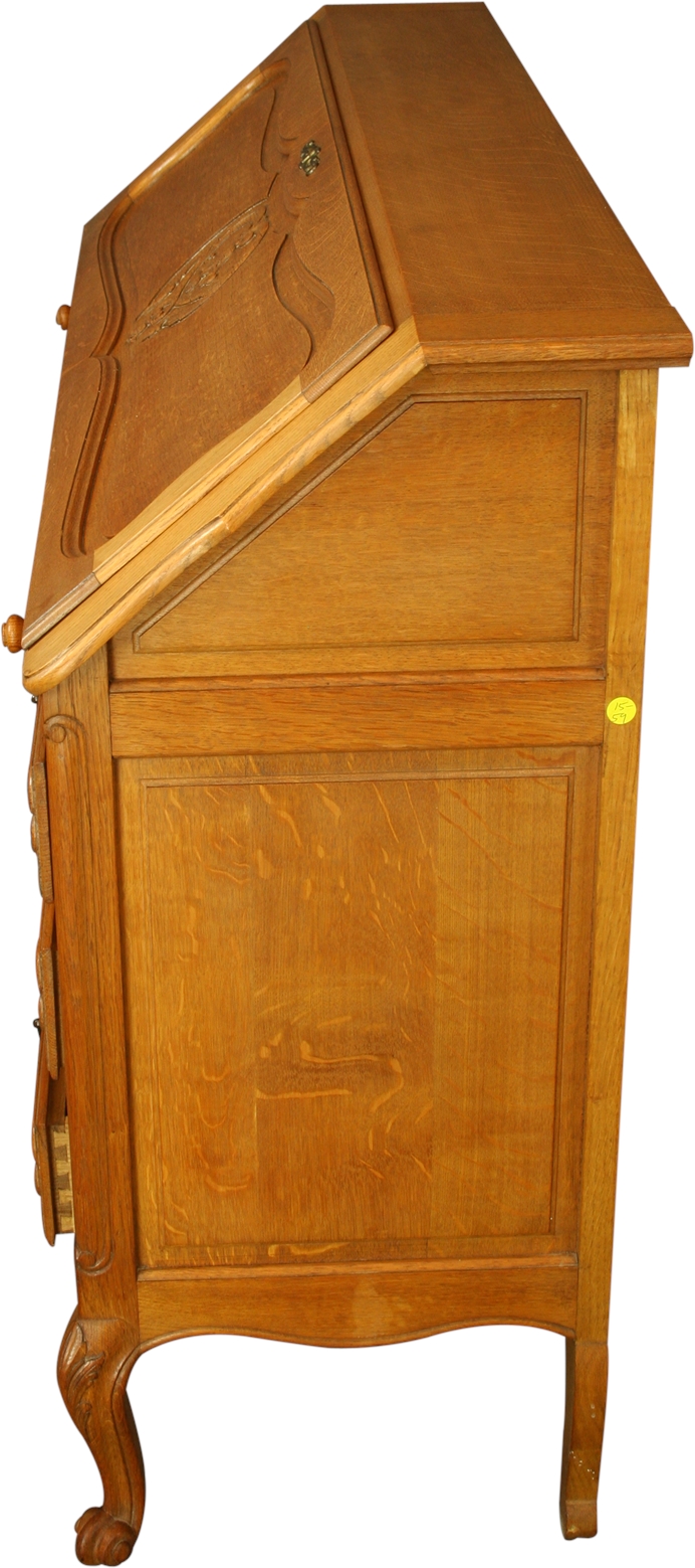 Vintage French Secretary Desk, Quartersawn Golden Oak, Carved, Louis XV Style-Image 19