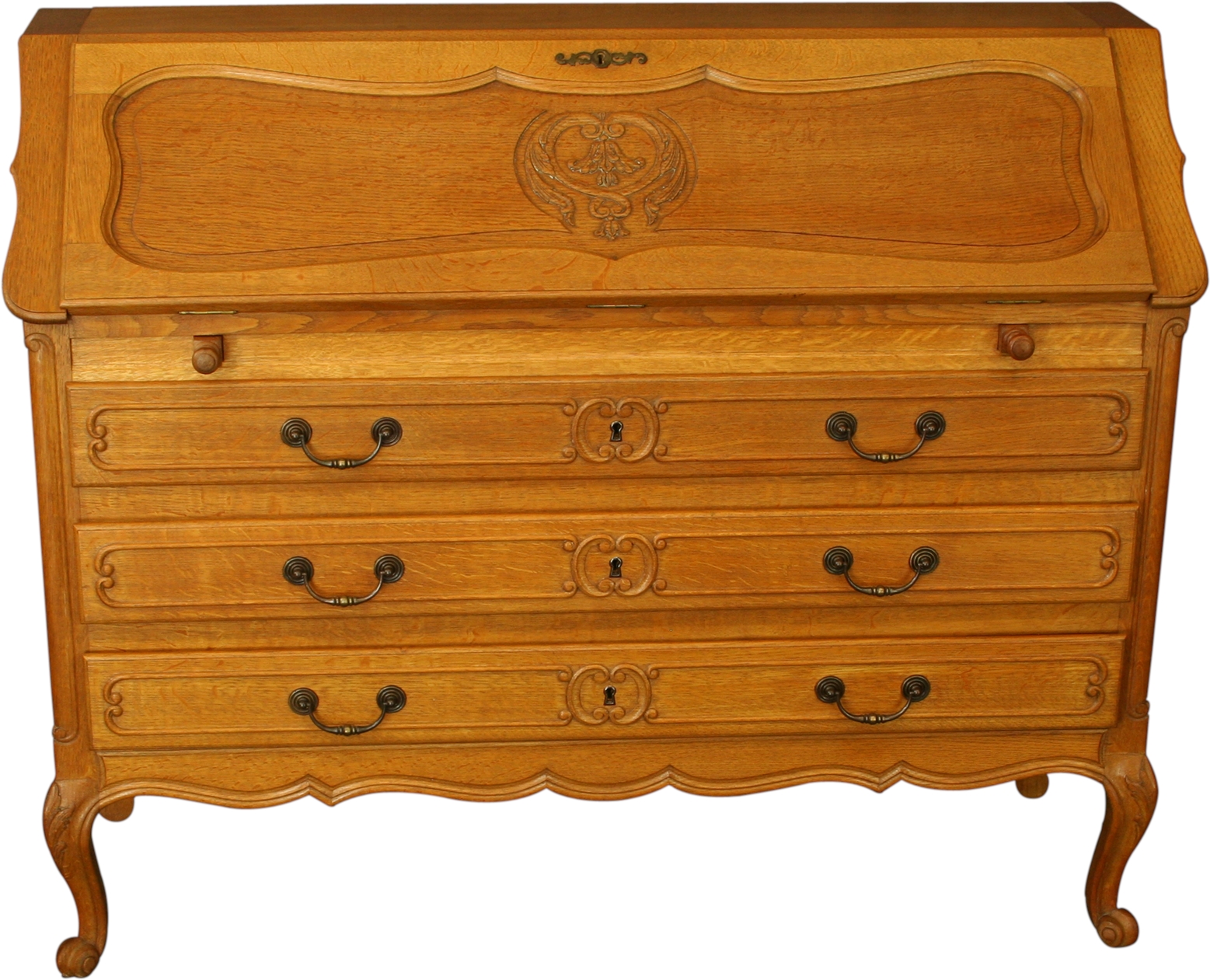 Vintage French Secretary Desk, Quartersawn Golden Oak, Carved, Louis XV Style-Image 2