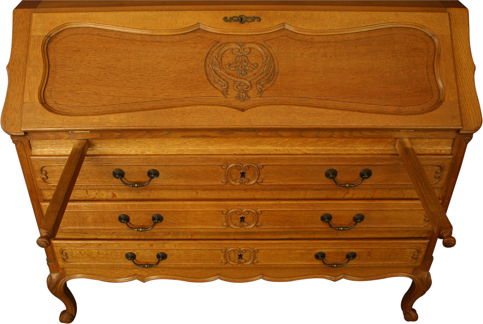 Vintage French Secretary Desk, Quartersawn Golden Oak, Carved, Louis XV Style-Image 7