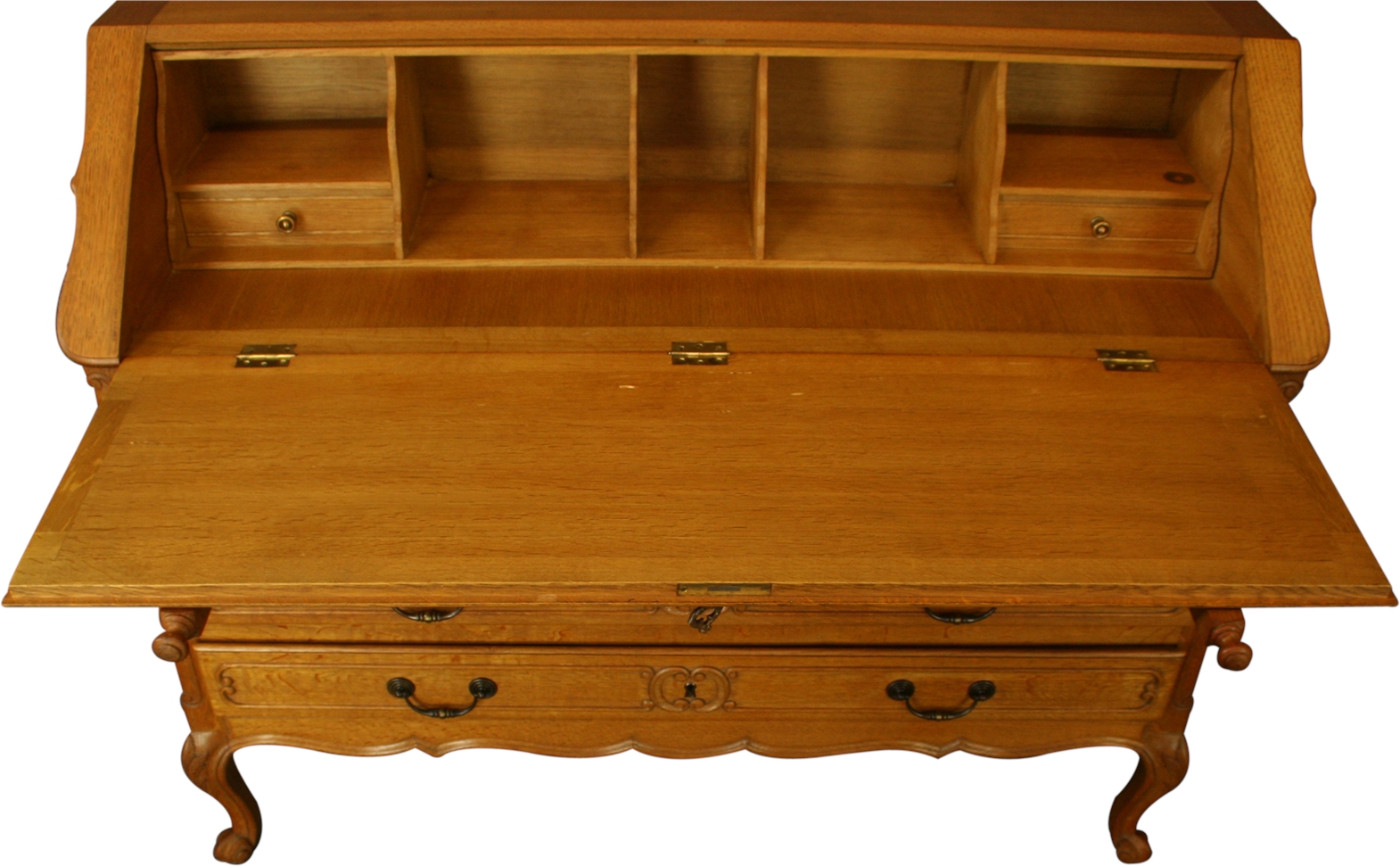 Vintage French Secretary Desk, Quartersawn Golden Oak, Carved, Louis XV Style-Image 8
