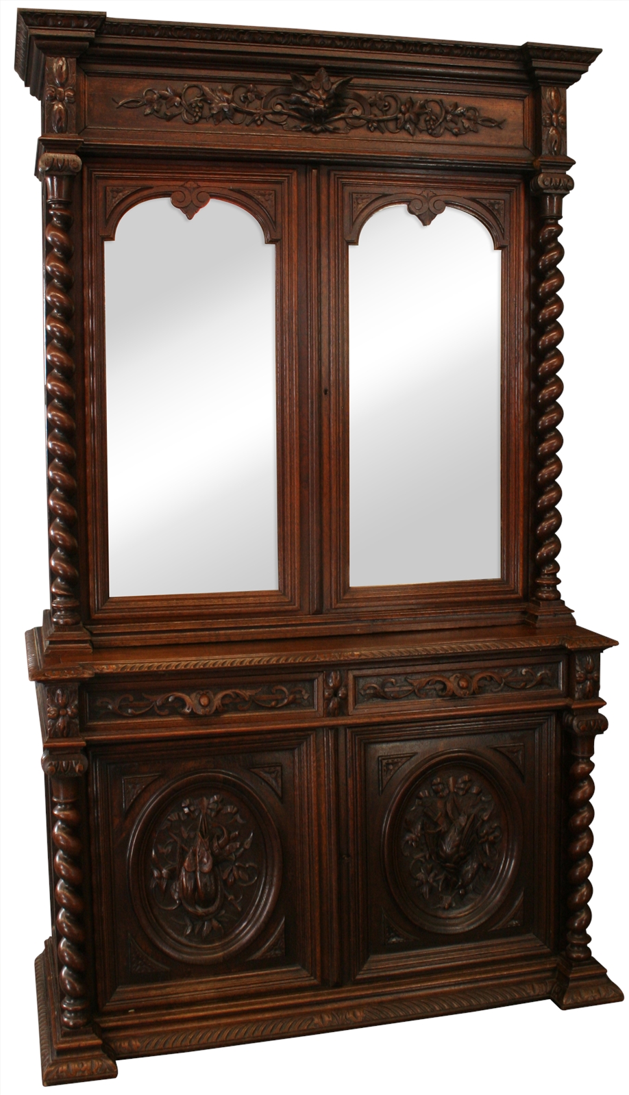 1890 Antique Buffet Hunting Renaissance Carved Oak Mirrored Doors-Image 1