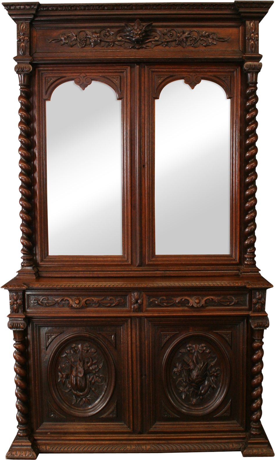 1890 Antique Buffet Hunting Renaissance Carved Oak Mirrored Doors-Image 2