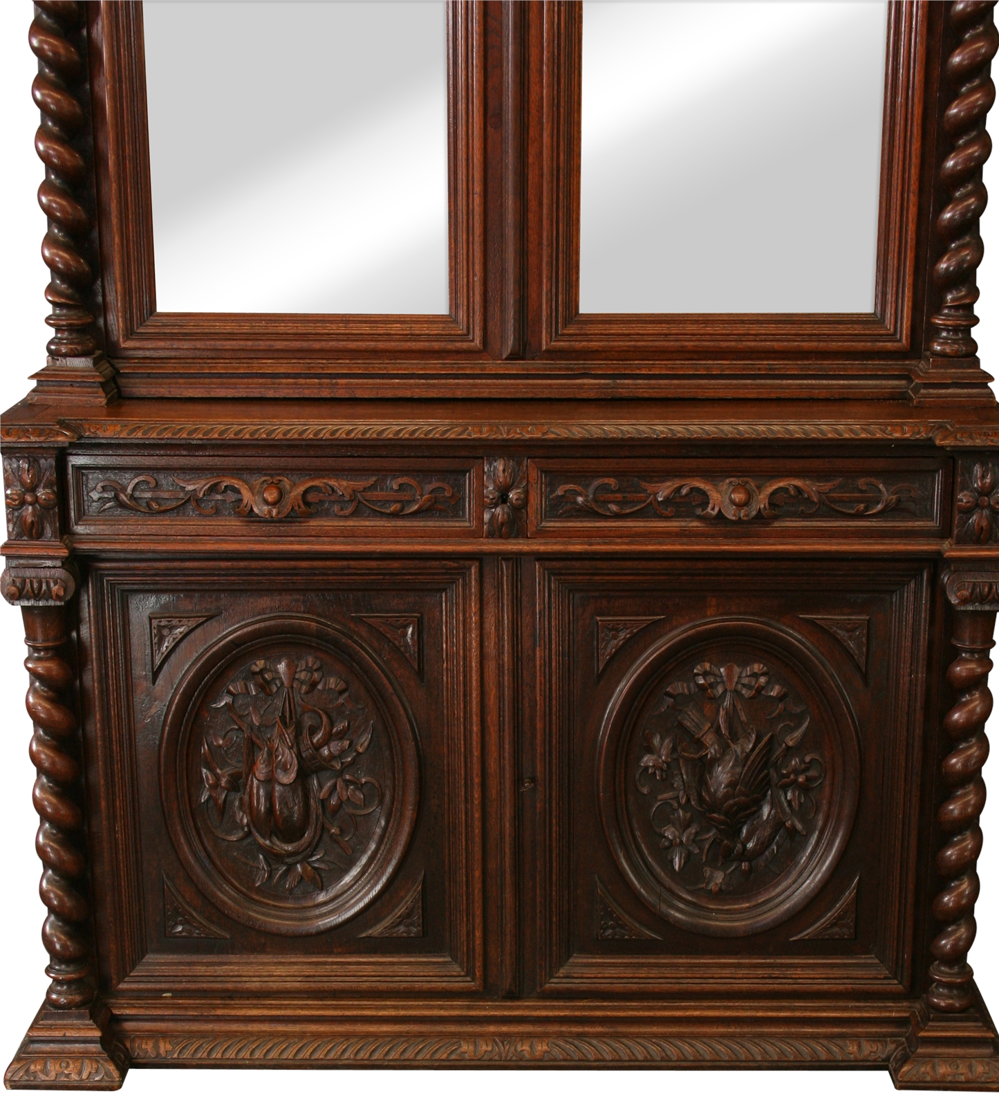 1890 Antique Buffet Hunting Renaissance Carved Oak Mirrored Doors-Image 4