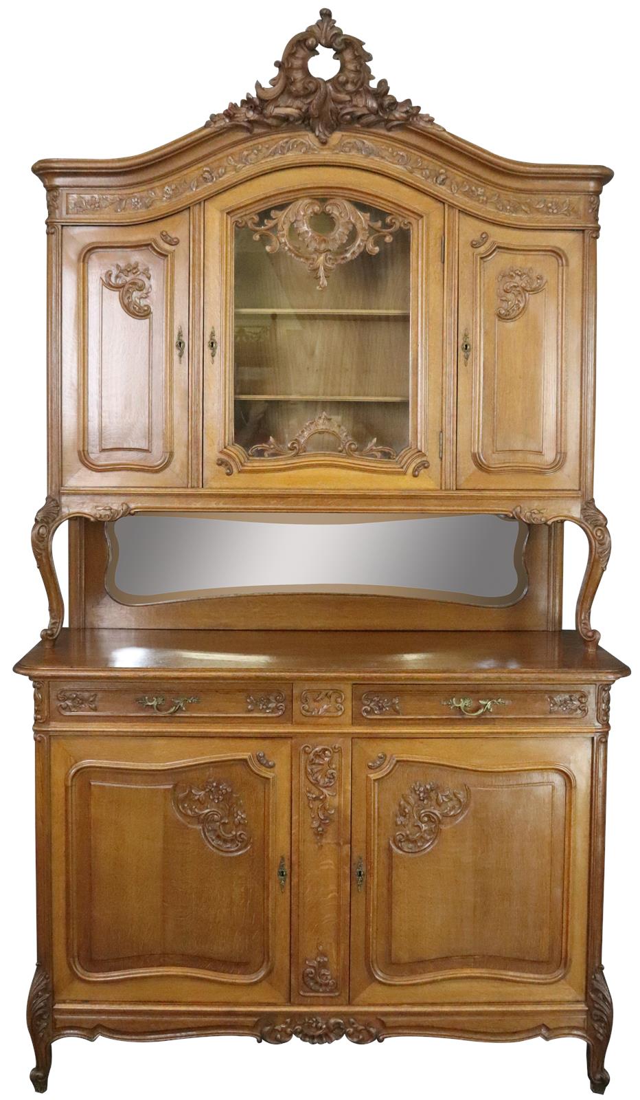 Buffet Louis XV Rococo Antique French 1900 Server Oak Glass 5-Door 2-Drawer-Image 1