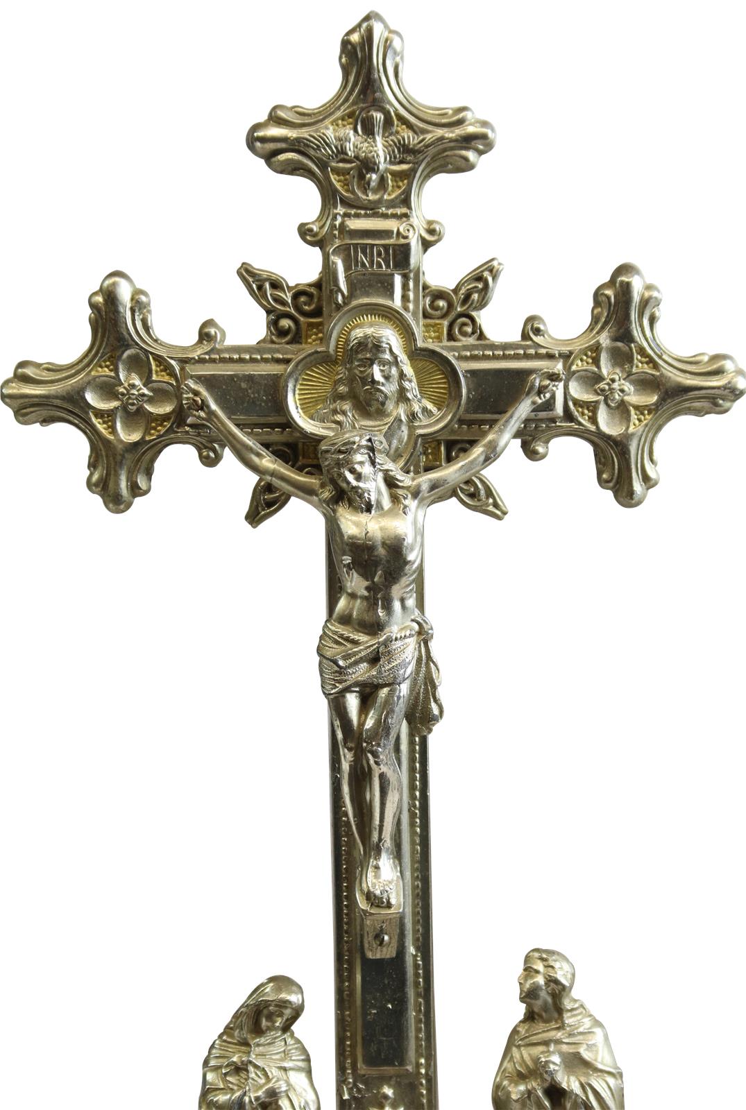 Antique Crucifix Cross Religious Rococo Styling Mary and John Sacred Heart-Image 2