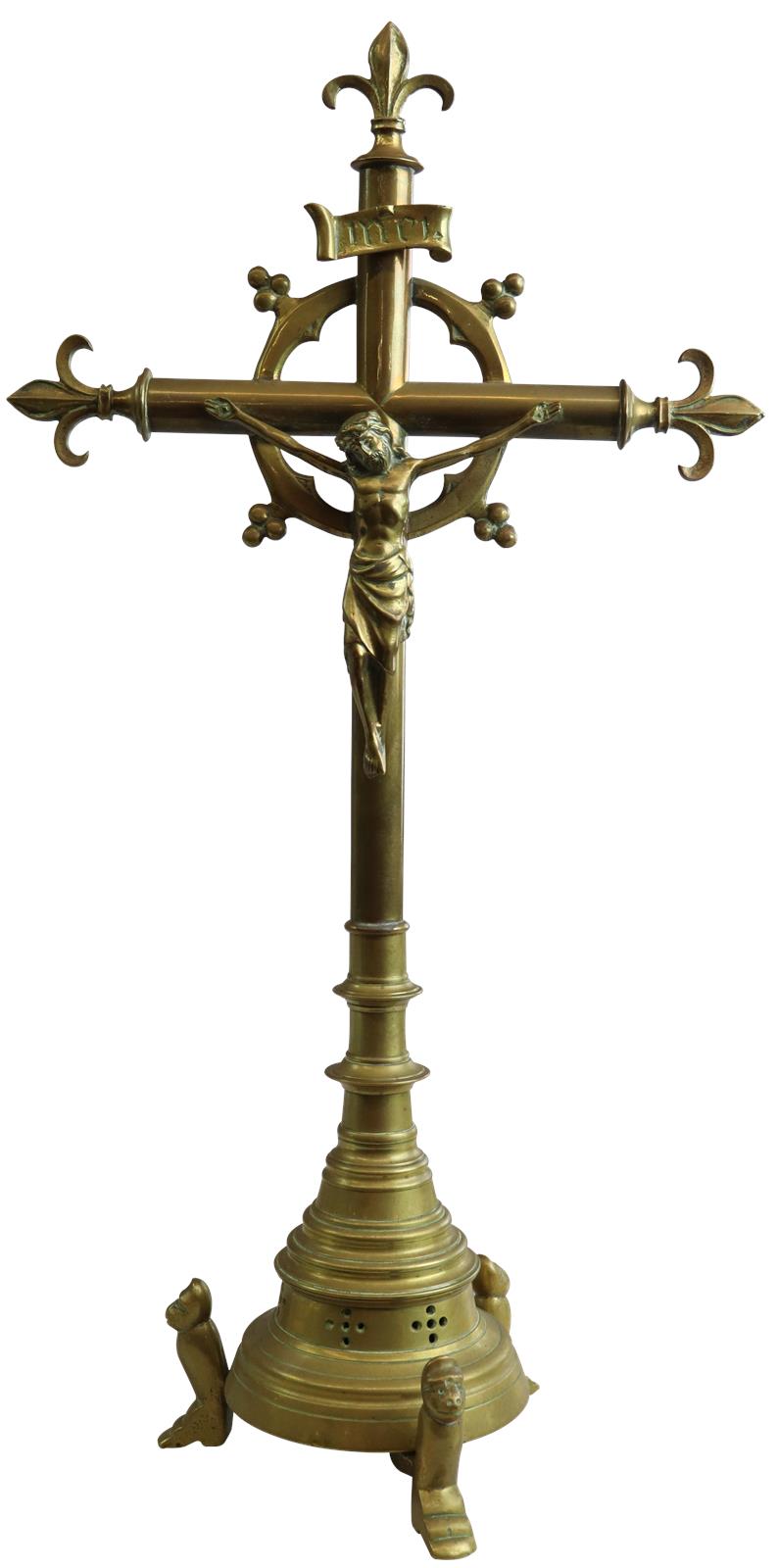 Antique Crucifix Cross Religious Gothic Styling Fleur De Lis Jesus Large Brass-Image 1