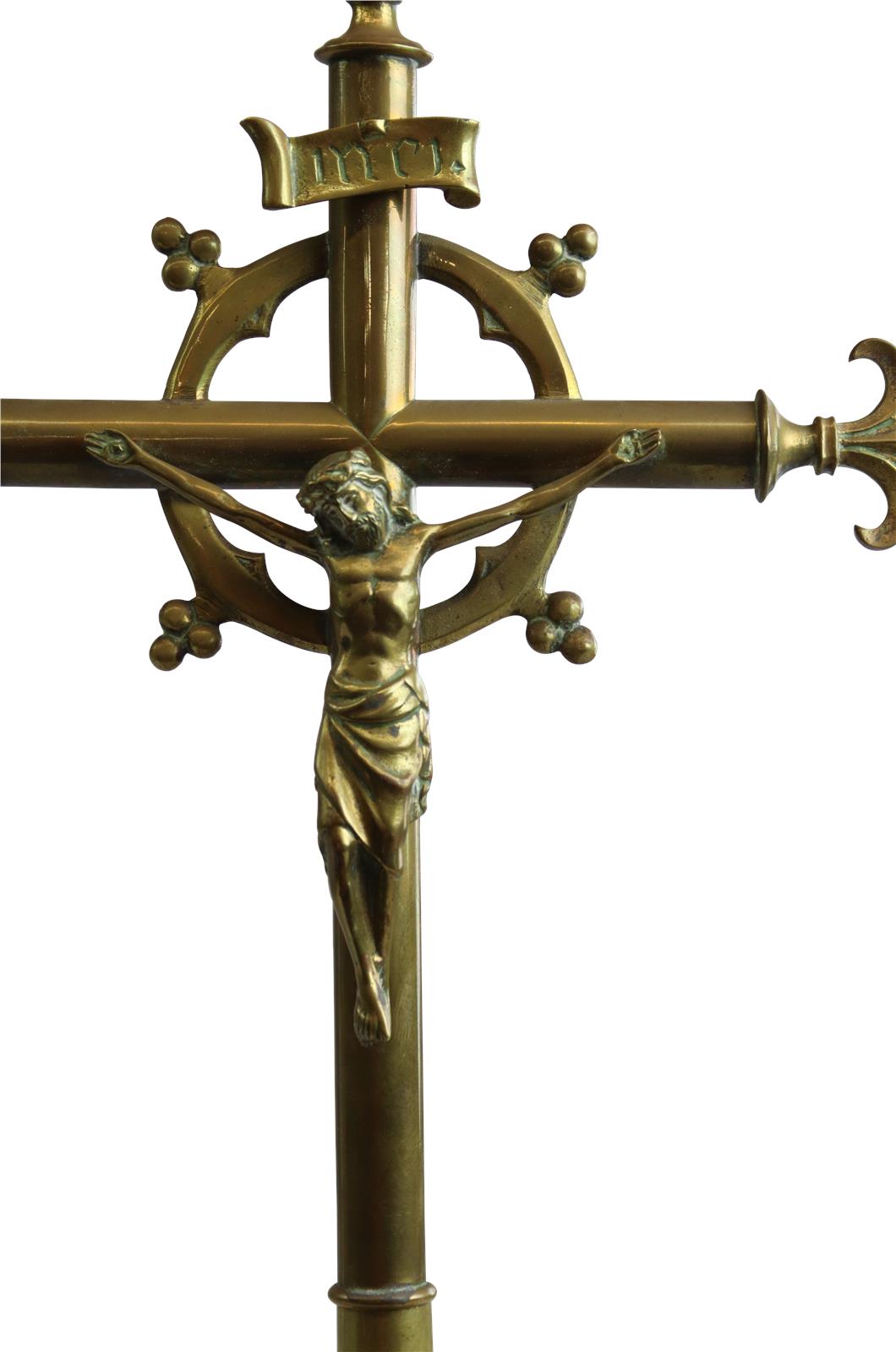 Antique Crucifix Cross Religious Gothic Styling Fleur De Lis Jesus Large Brass-Image 2