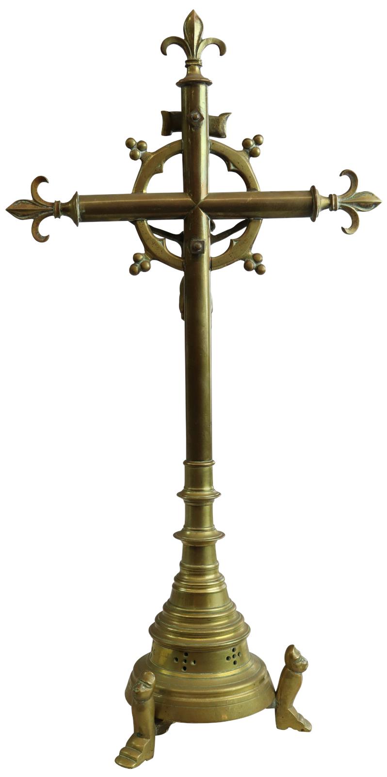 Antique Crucifix Cross Religious Gothic Styling Fleur De Lis Jesus Large Brass-Image 7