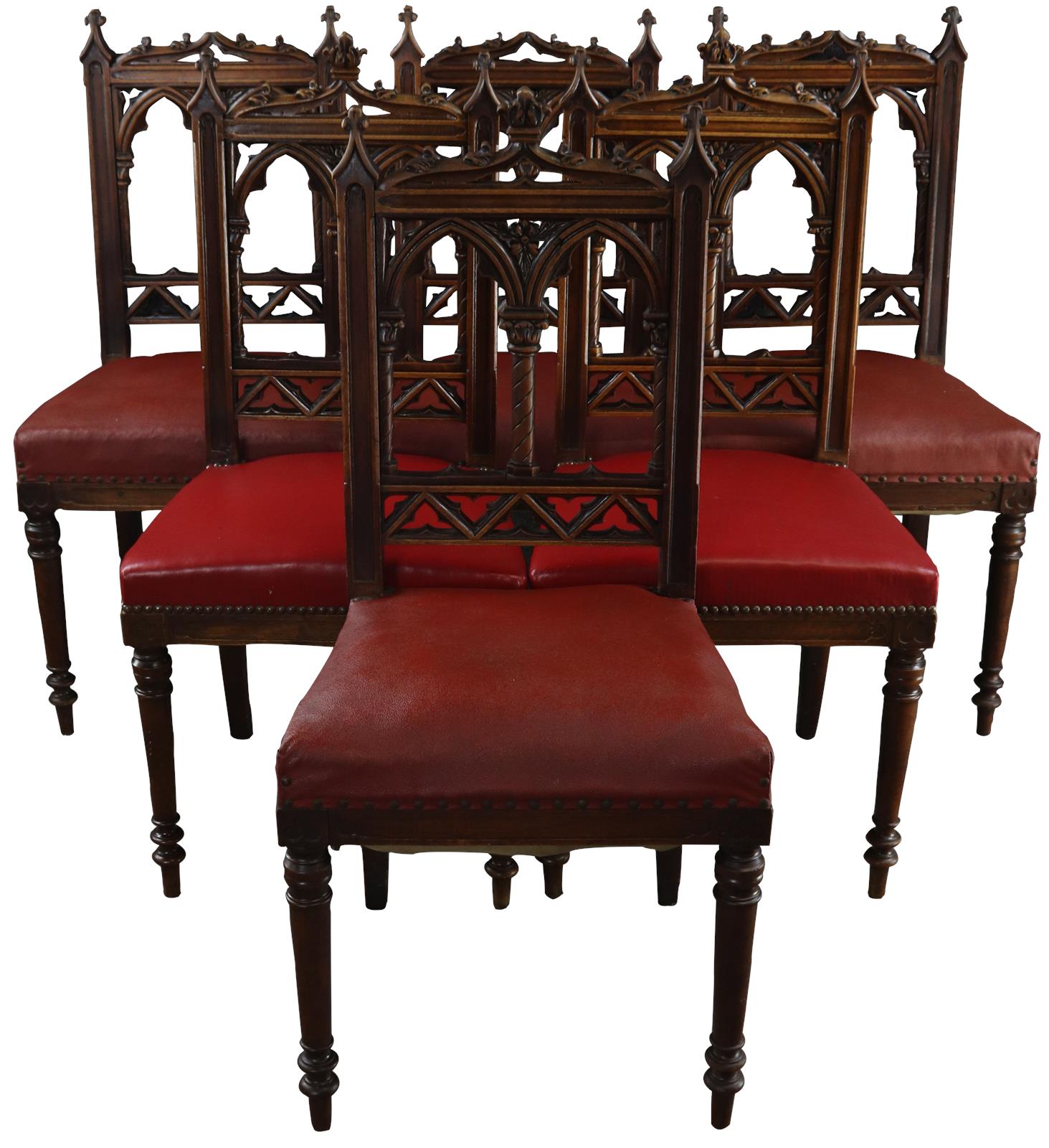 Antique Dining Chairs French Gothic Set 6 Walnut Wood Red Upholstery -Image 1