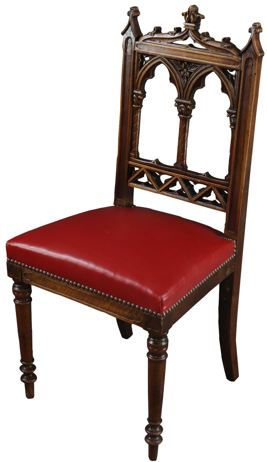 Antique Dining Chairs French Gothic Set 6 Walnut Wood Red Upholstery -Image 2