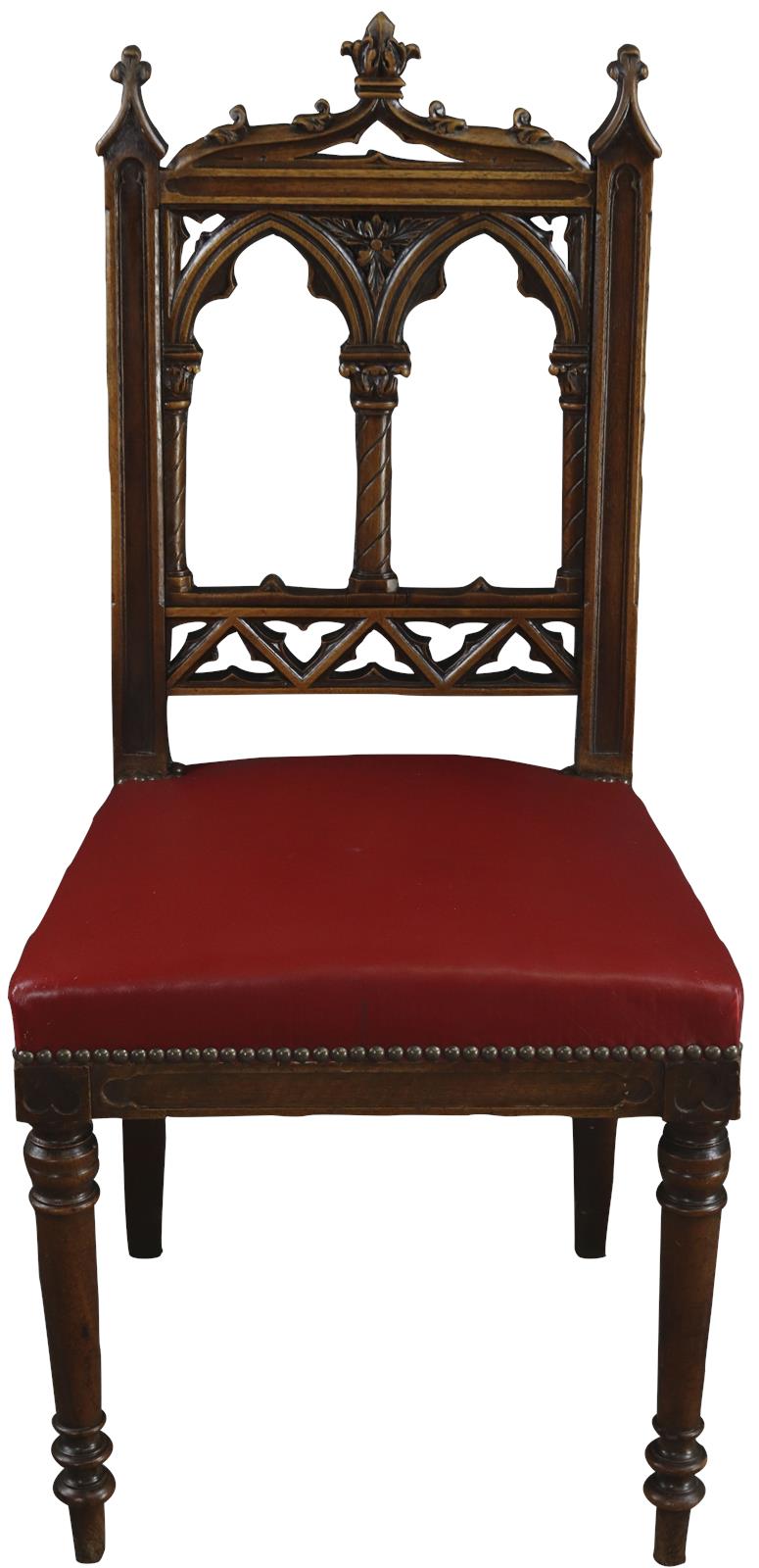Antique Dining Chairs French Gothic Set 6 Walnut Wood Red Upholstery -Image 3