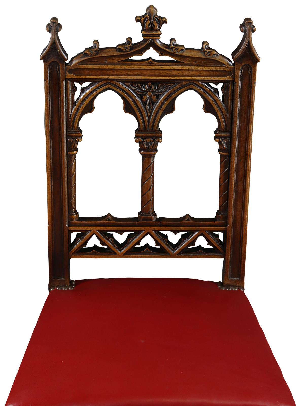 Antique Dining Chairs French Gothic Set 6 Walnut Wood Red Upholstery -Image 4