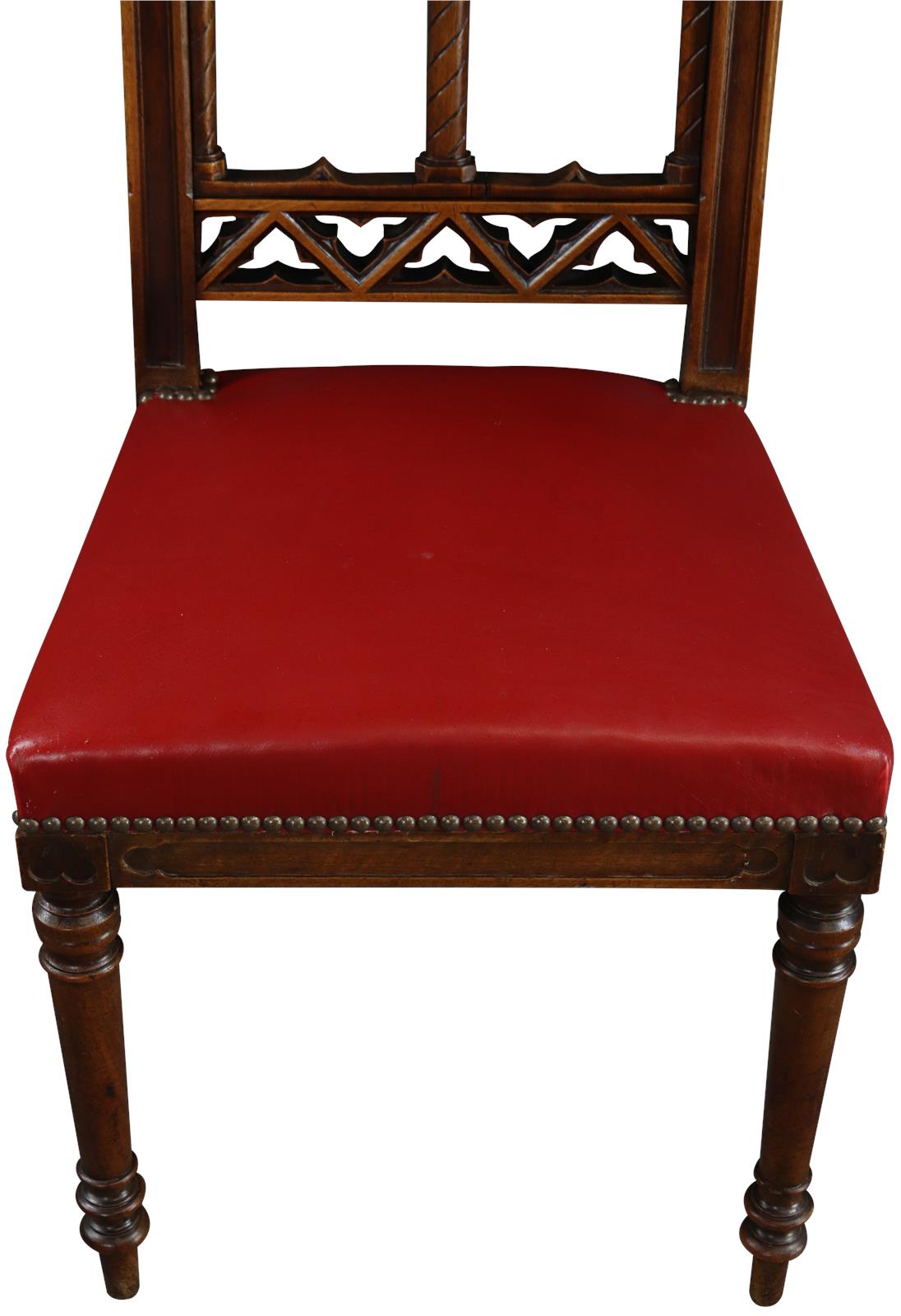 Antique Dining Chairs French Gothic Set 6 Walnut Wood Red Upholstery -Image 5