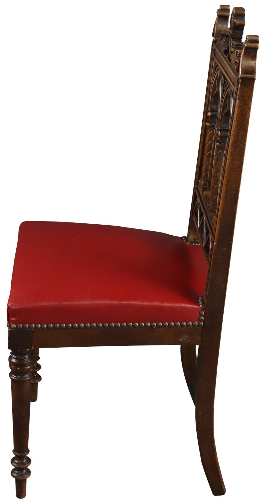 Antique Dining Chairs French Gothic Set 6 Walnut Wood Red Upholstery -Image 6