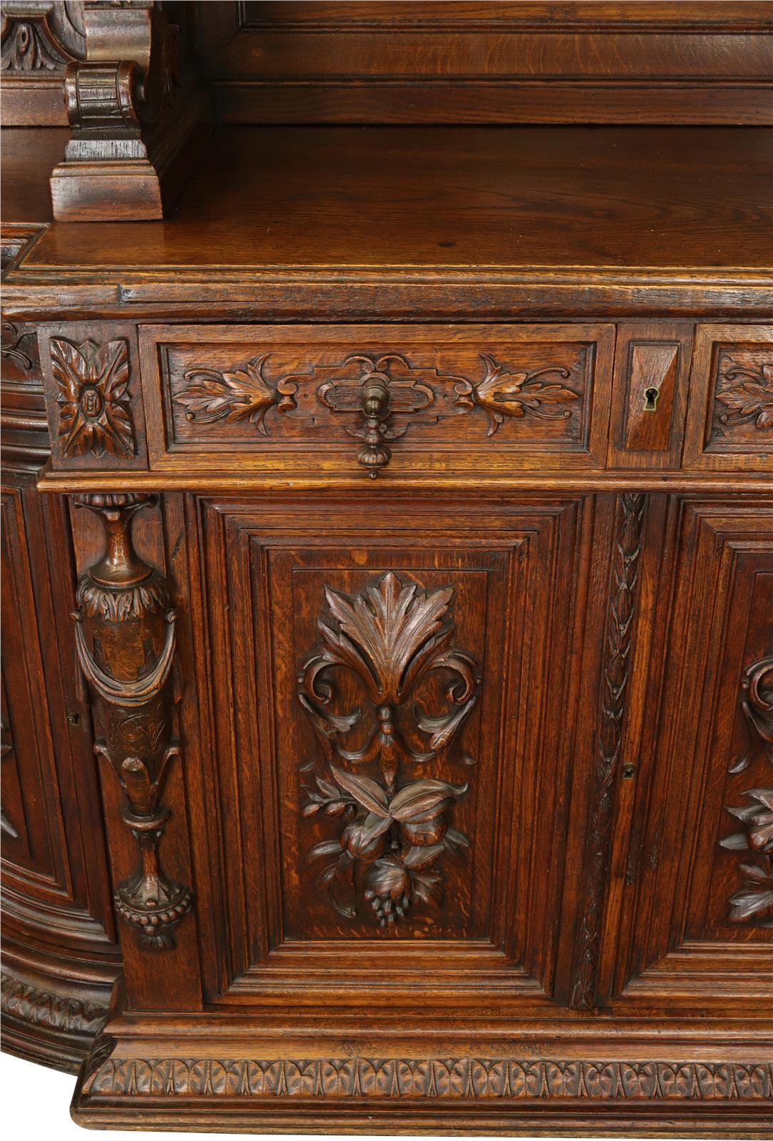 Antique Buffet Renaissance French Elegant Carved Oak Urns Grapes Glass Doors-Image 12