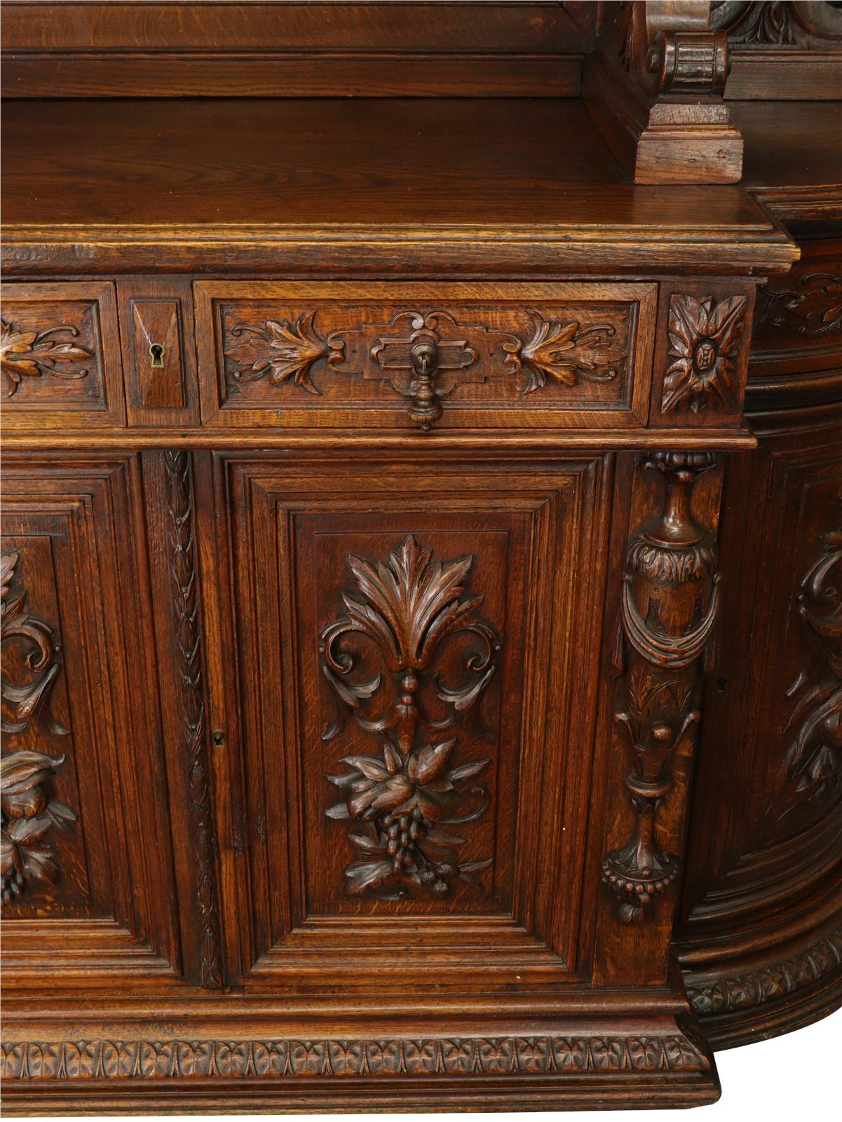 Antique Buffet Renaissance French Elegant Carved Oak Urns Grapes Glass Doors-Image 13