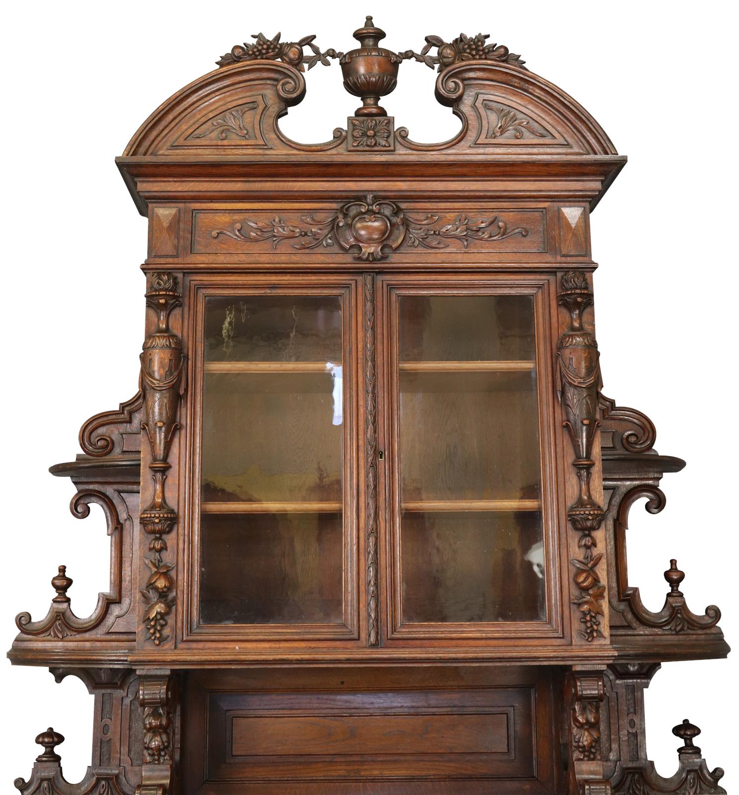 Antique Buffet Renaissance French Elegant Carved Oak Urns Grapes Glass Doors-Image 2