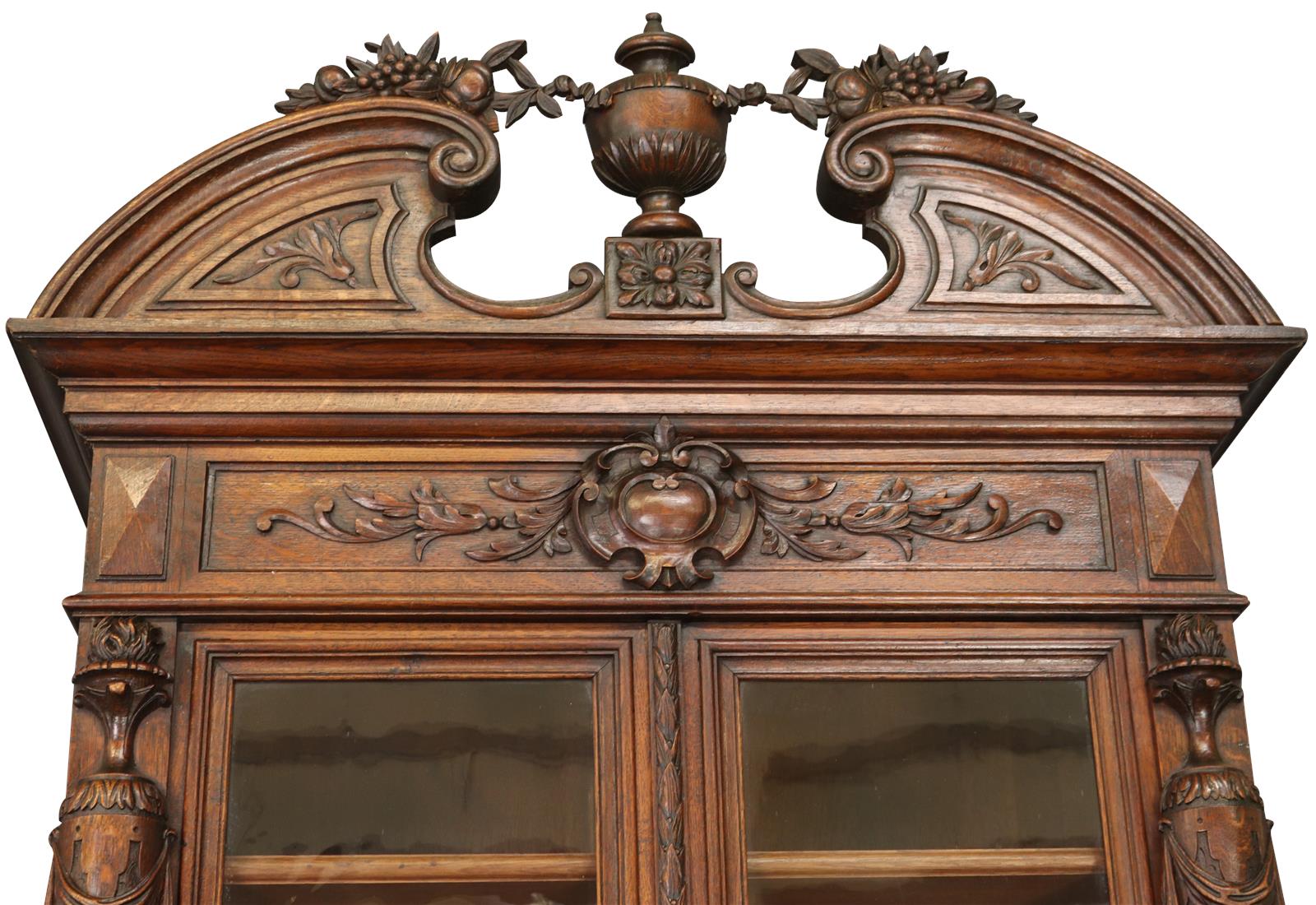 Antique Buffet Renaissance French Elegant Carved Oak Urns Grapes Glass Doors-Image 4
