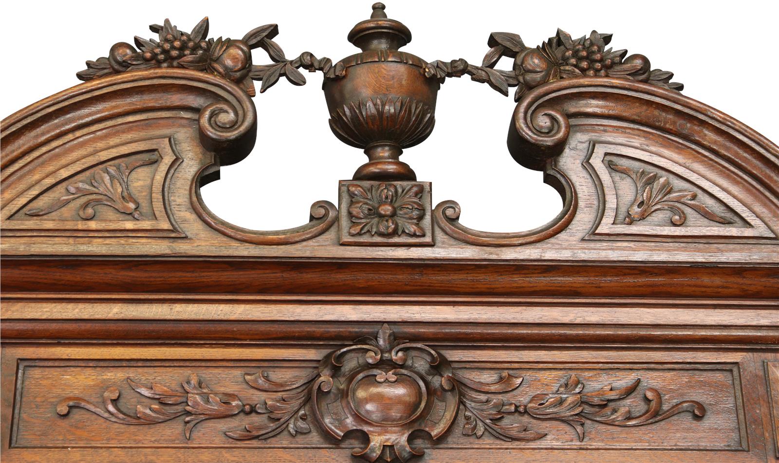 Antique Buffet Renaissance French Elegant Carved Oak Urns Grapes Glass Doors-Image 5