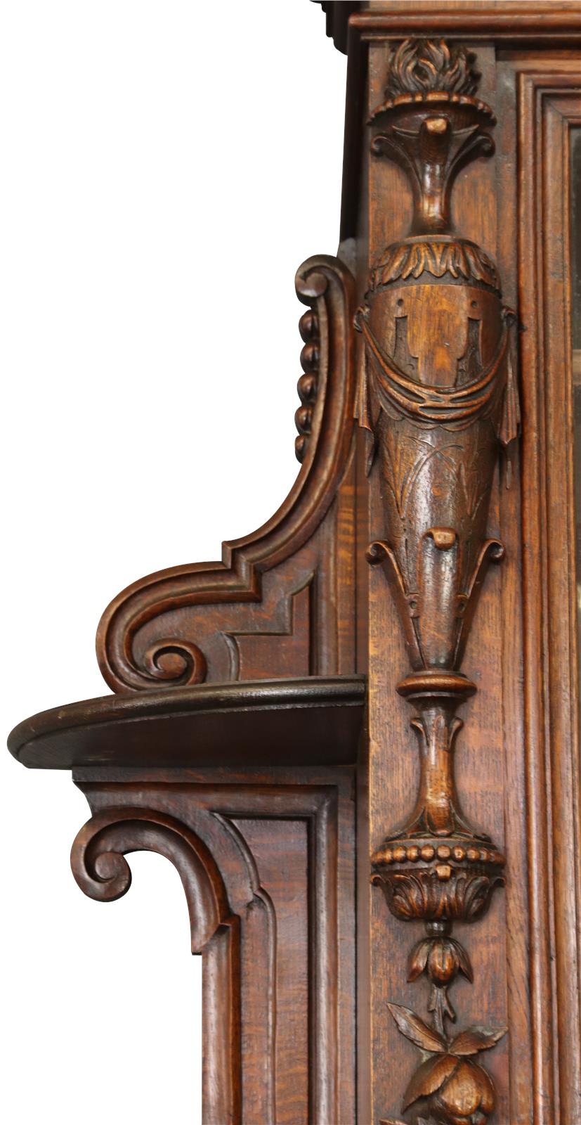 Antique Buffet Renaissance French Elegant Carved Oak Urns Grapes Glass Doors-Image 6
