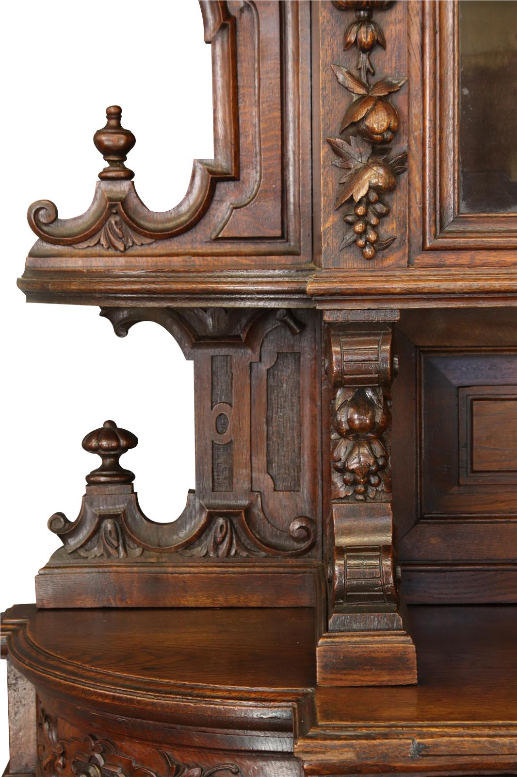 Antique Buffet Renaissance French Elegant Carved Oak Urns Grapes Glass Doors-Image 7