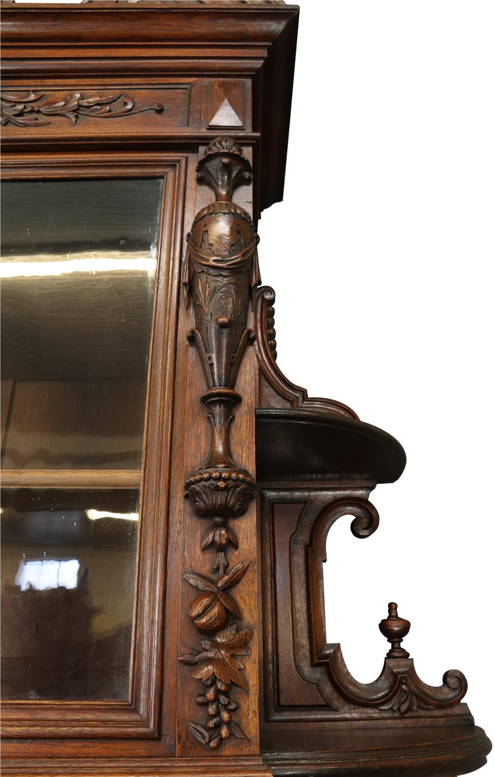 Antique Buffet Renaissance French Elegant Carved Oak Urns Grapes Glass Doors-Image 9