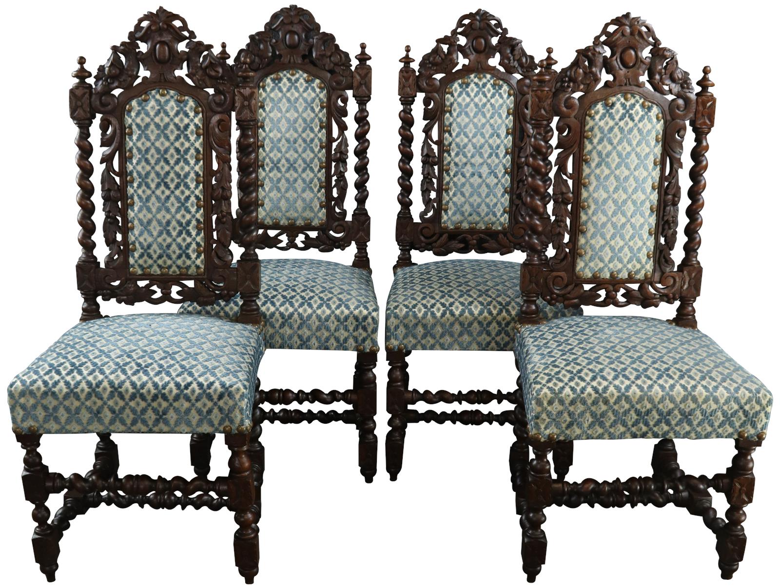 Set of 4 Antique Dining Chairs French Hunting Renaissance Carved Oak Blue Fabric 1880-Image 1