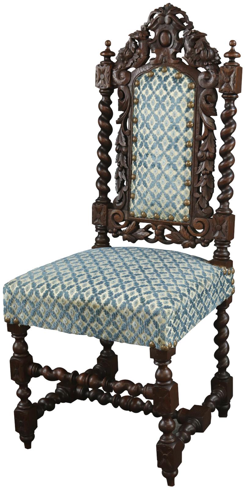 Set of 4 Antique Dining Chairs French Hunting Renaissance Carved Oak Blue Fabric 1880-Image 2