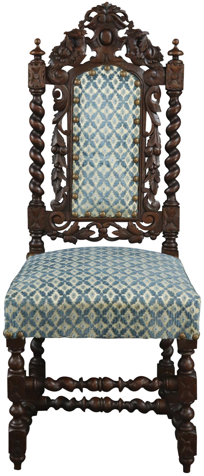 Set of 4 Antique Dining Chairs French Hunting Renaissance Carved Oak Blue Fabric 1880-Image 3