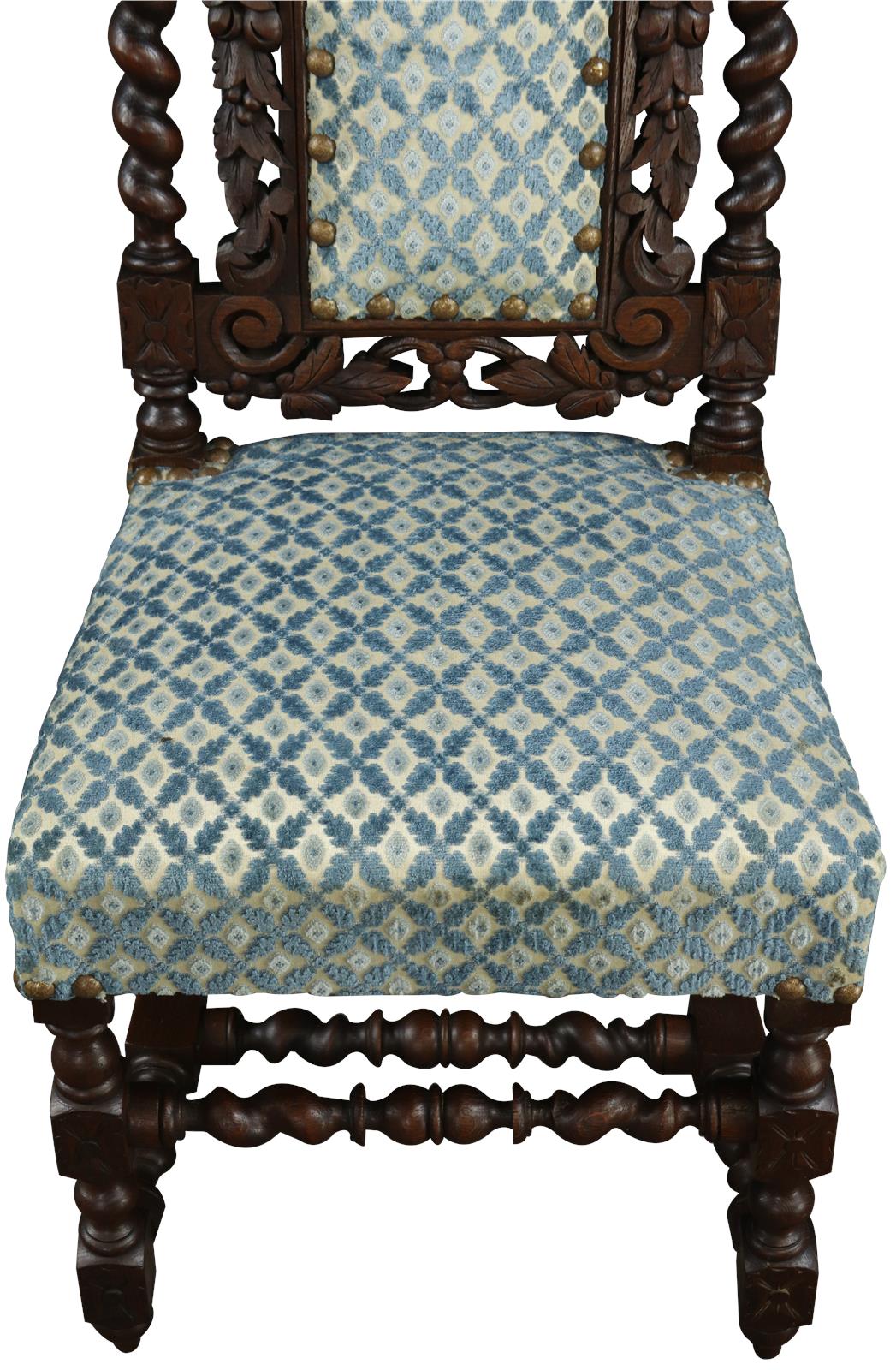 Set of 4 Antique Dining Chairs French Hunting Renaissance Carved Oak Blue Fabric 1880-Image 5