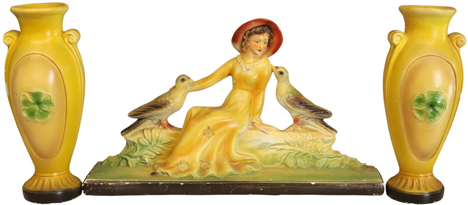 Colorful Antique Art Deco Chalkware Sculpture of Lady with Birds and Pair of Vases-Image 1
