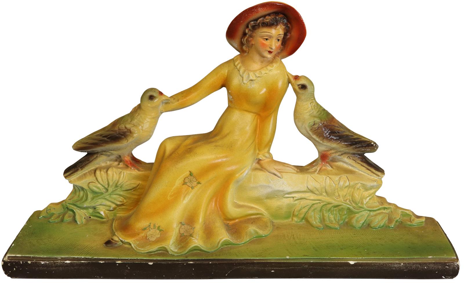 Colorful Antique Art Deco Chalkware Sculpture of Lady with Birds and Pair of Vases-Image 2
