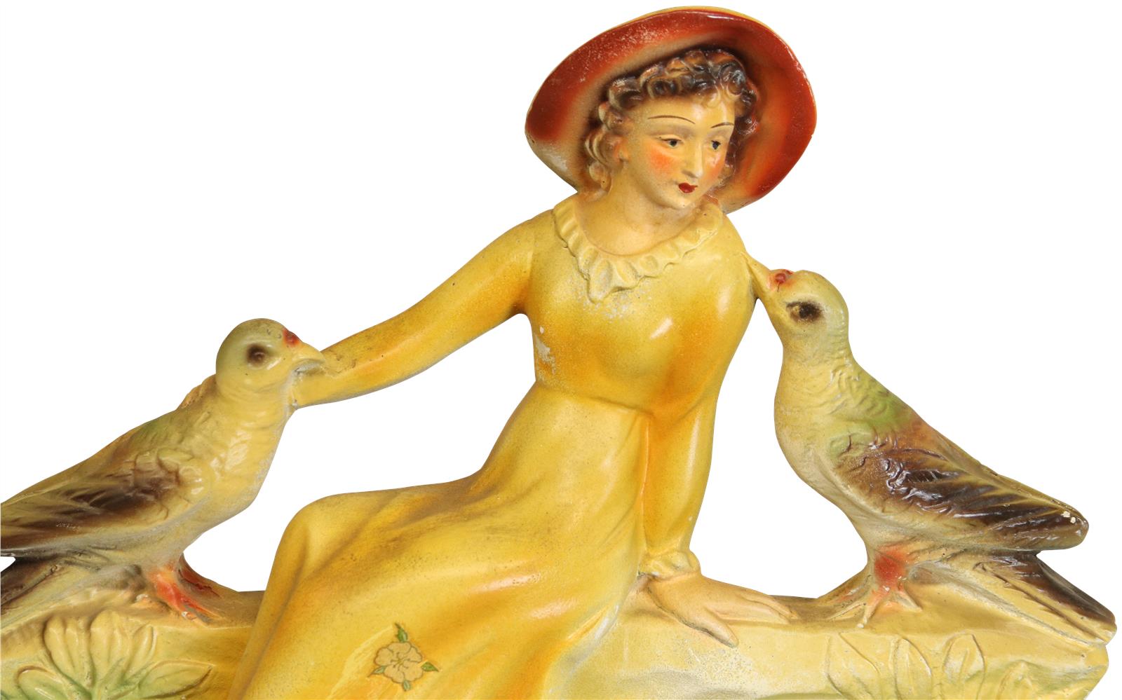 Colorful Antique Art Deco Chalkware Sculpture of Lady with Birds and Pair of Vases-Image 3