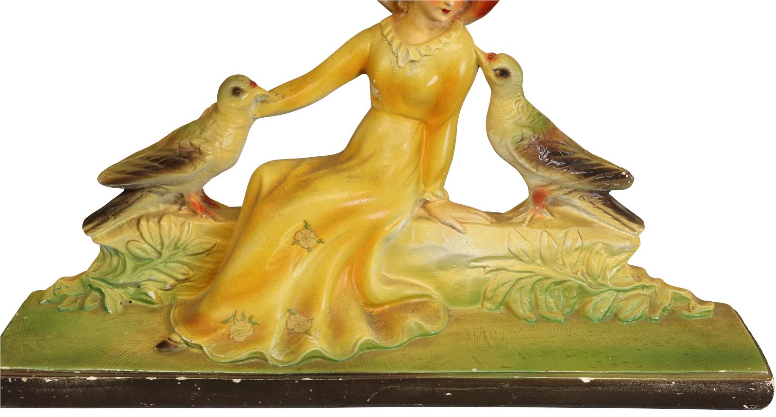 Colorful Antique Art Deco Chalkware Sculpture of Lady with Birds and Pair of Vases-Image 4