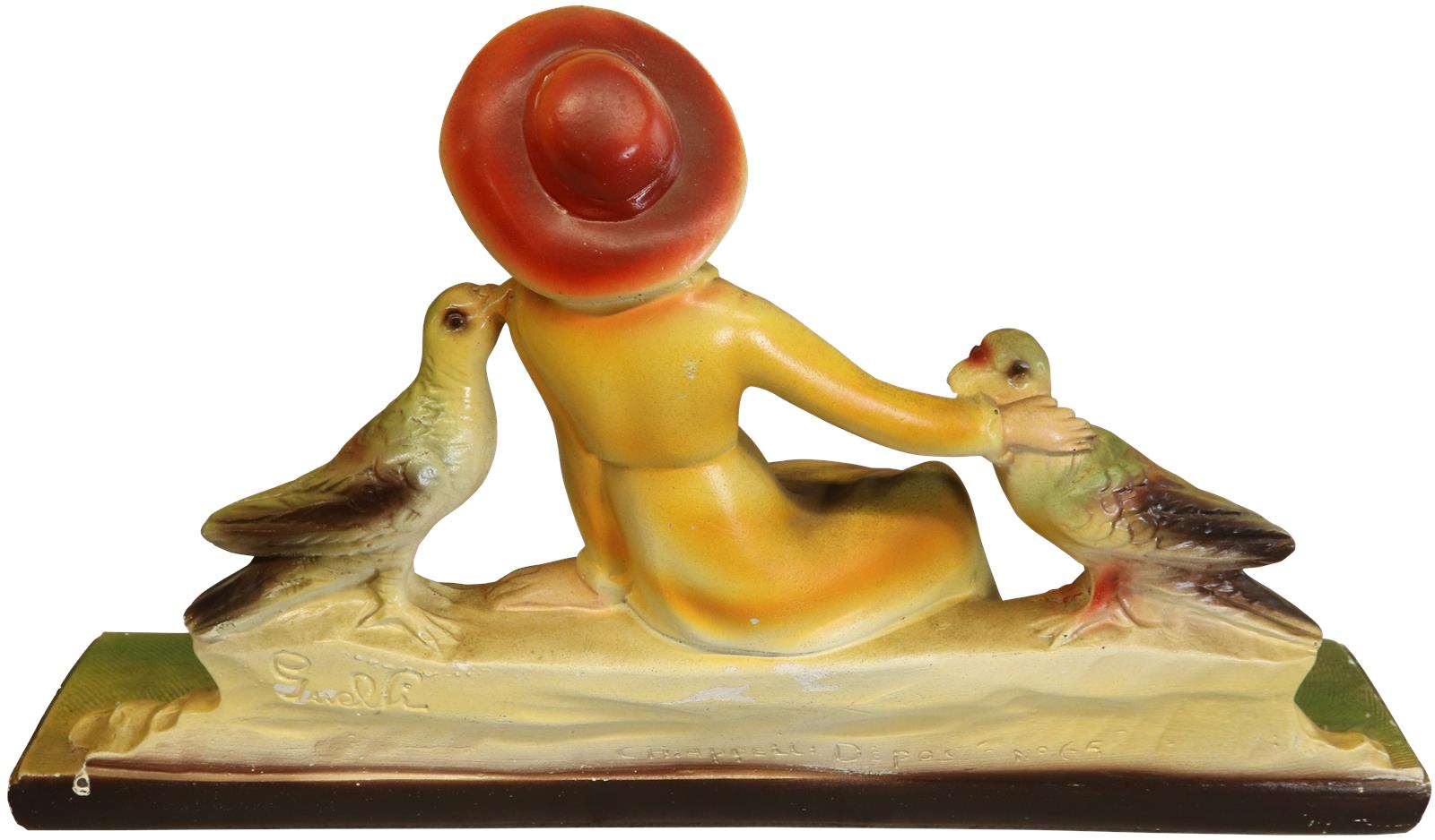 Colorful Antique Art Deco Chalkware Sculpture of Lady with Birds and Pair of Vases-Image 6