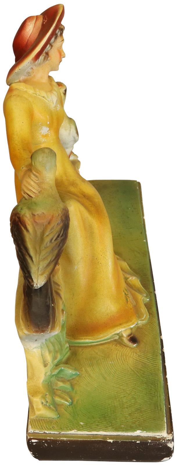 Colorful Antique Art Deco Chalkware Sculpture of Lady with Birds and Pair of Vases-Image 9