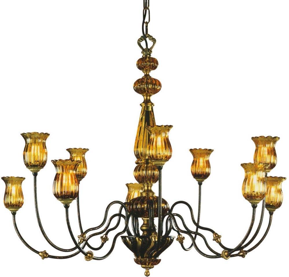 Chandelier ALBA 10-Light Gold Leaf Silver Wrought Iron Wood Details Mouth-Blown-Image 1