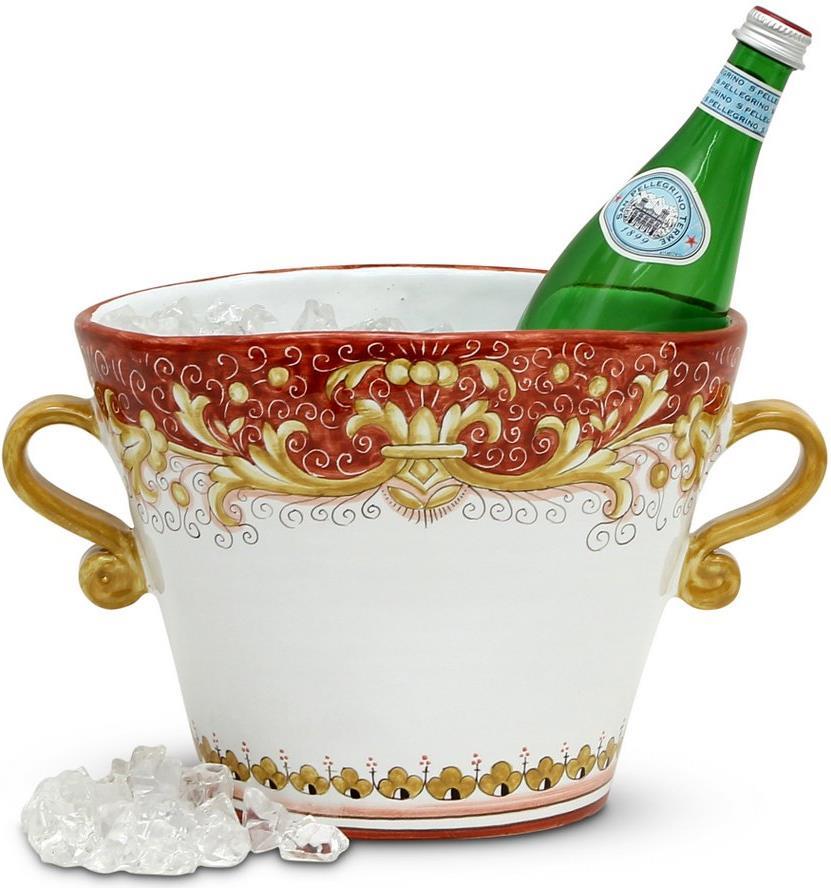 Ice Bucket Chiller DERUTA COLORI Majolica Scrollwork Oval Coral Red Pink-Image 2