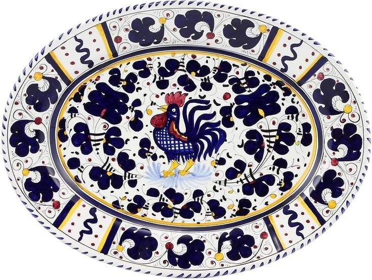 Platter Plate Deruta Majolica Orvieto Rooster Oval Large Blue Ceramic Handmade-Image 2