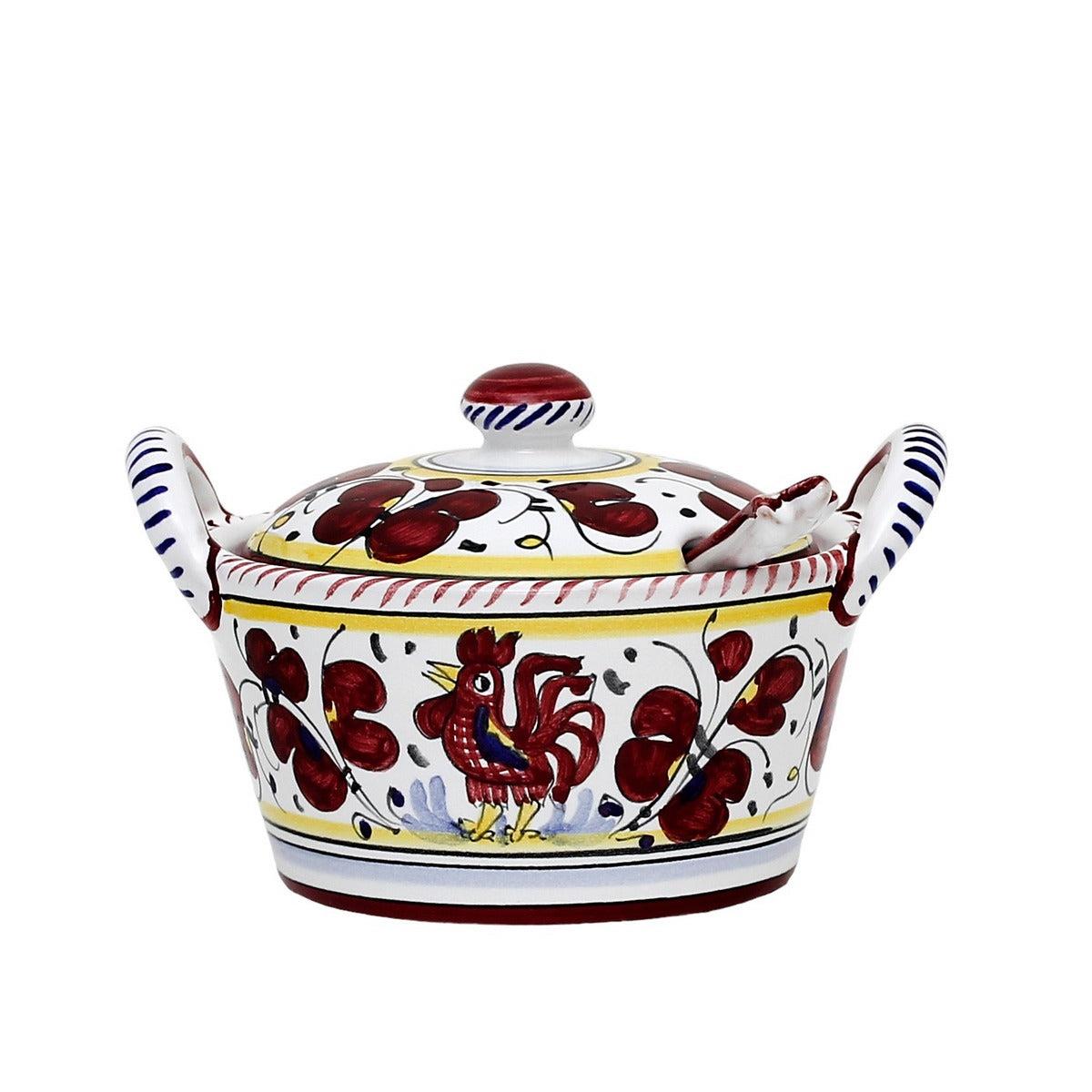 Bowl With Spoon ORVIETO ROOSTER Deruta Majolica Red Ceramic Handmade Dishwasher-Image 1