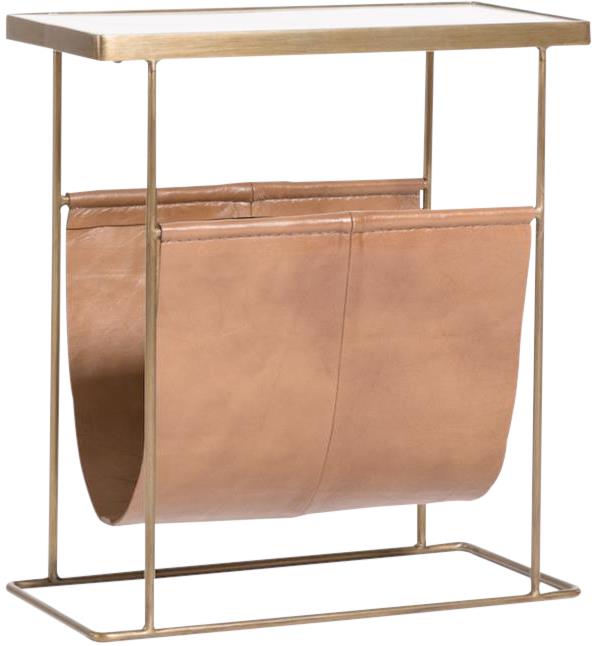 Accent Table STANTON Tanned Umber Antique Brass Top-Grain Leather Marble M-Image 2