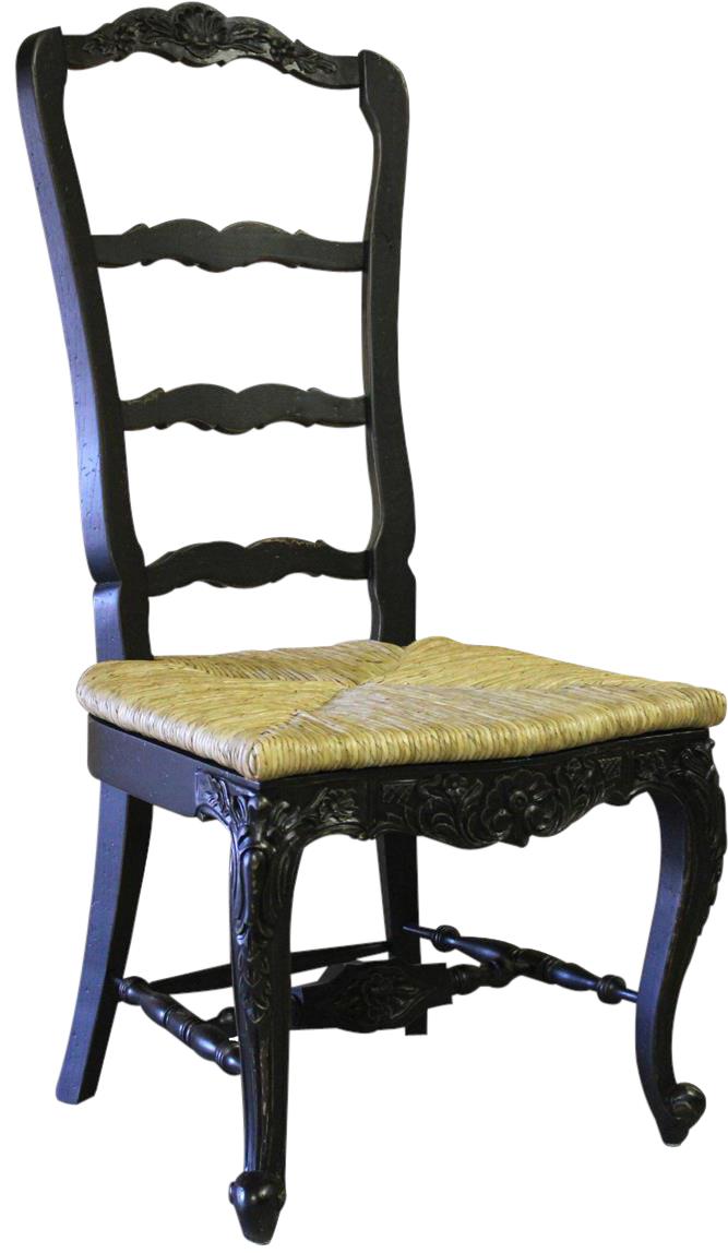 Dining Chair French Country Farmhouse Blackwash Floral Wood Carving Hand Rush-Image 1
